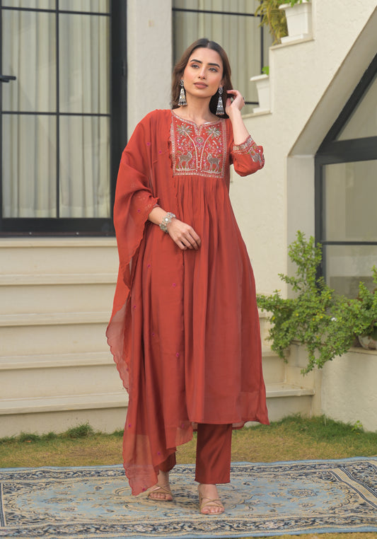 Dusty Red Embroidered Pure Mul Chanderi Suit Set