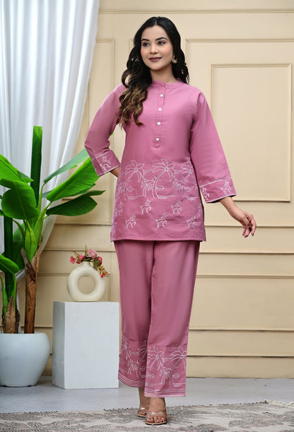 Faded Pink Embroidered Cotton Co-Ord Set