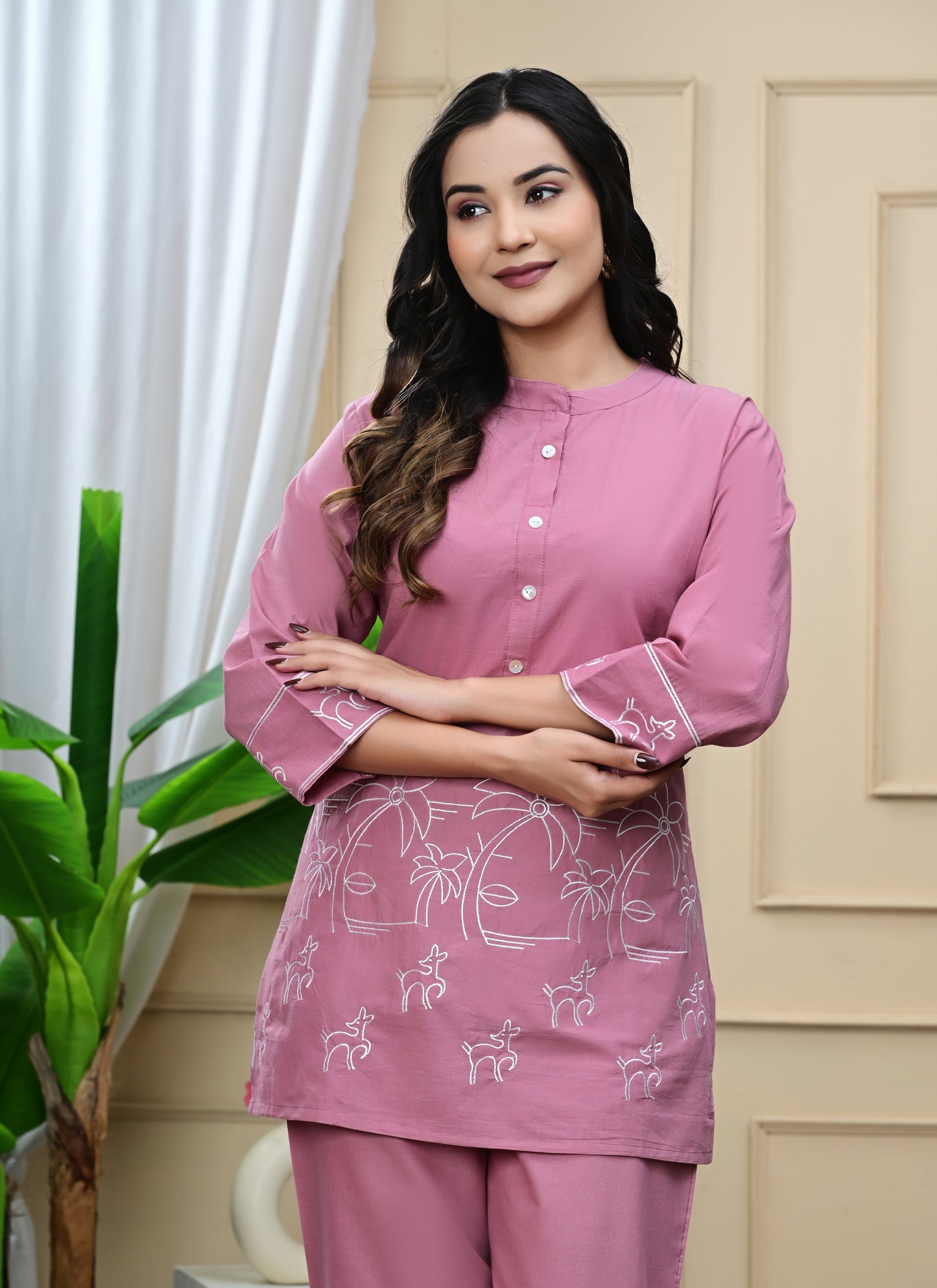 Faded Pink Embroidered Cotton Co-Ord Set