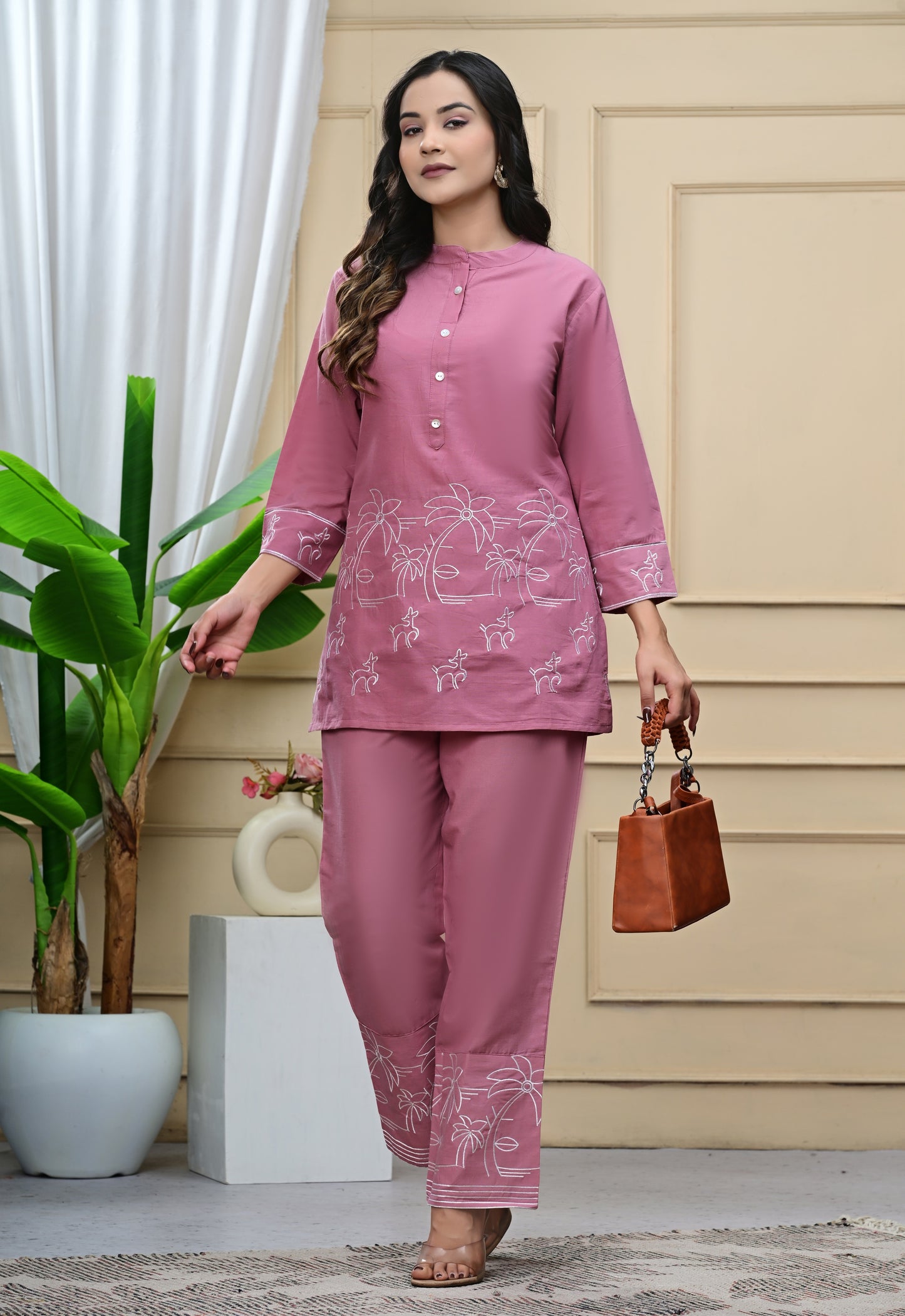 Faded Pink Embroidered Cotton Co-Ord Set