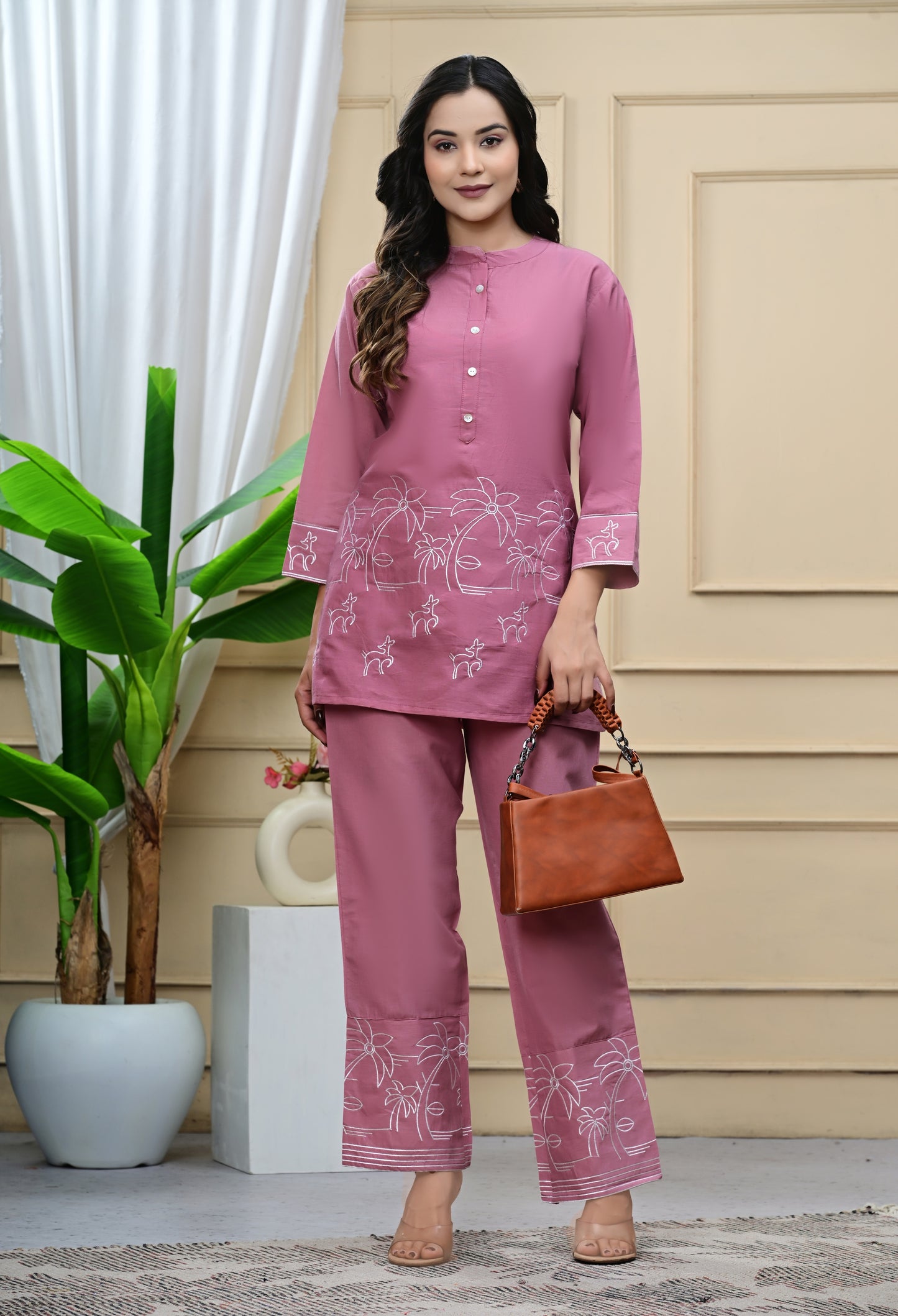 Faded Pink Embroidered Cotton Co-Ord Set