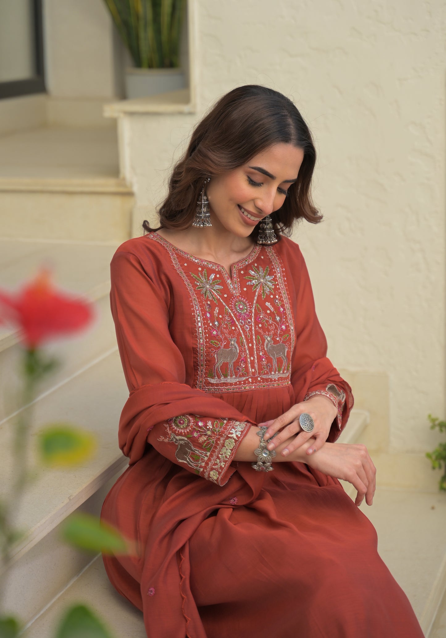 Dusty Red Embroidered Pure Mul Chanderi Suit Set