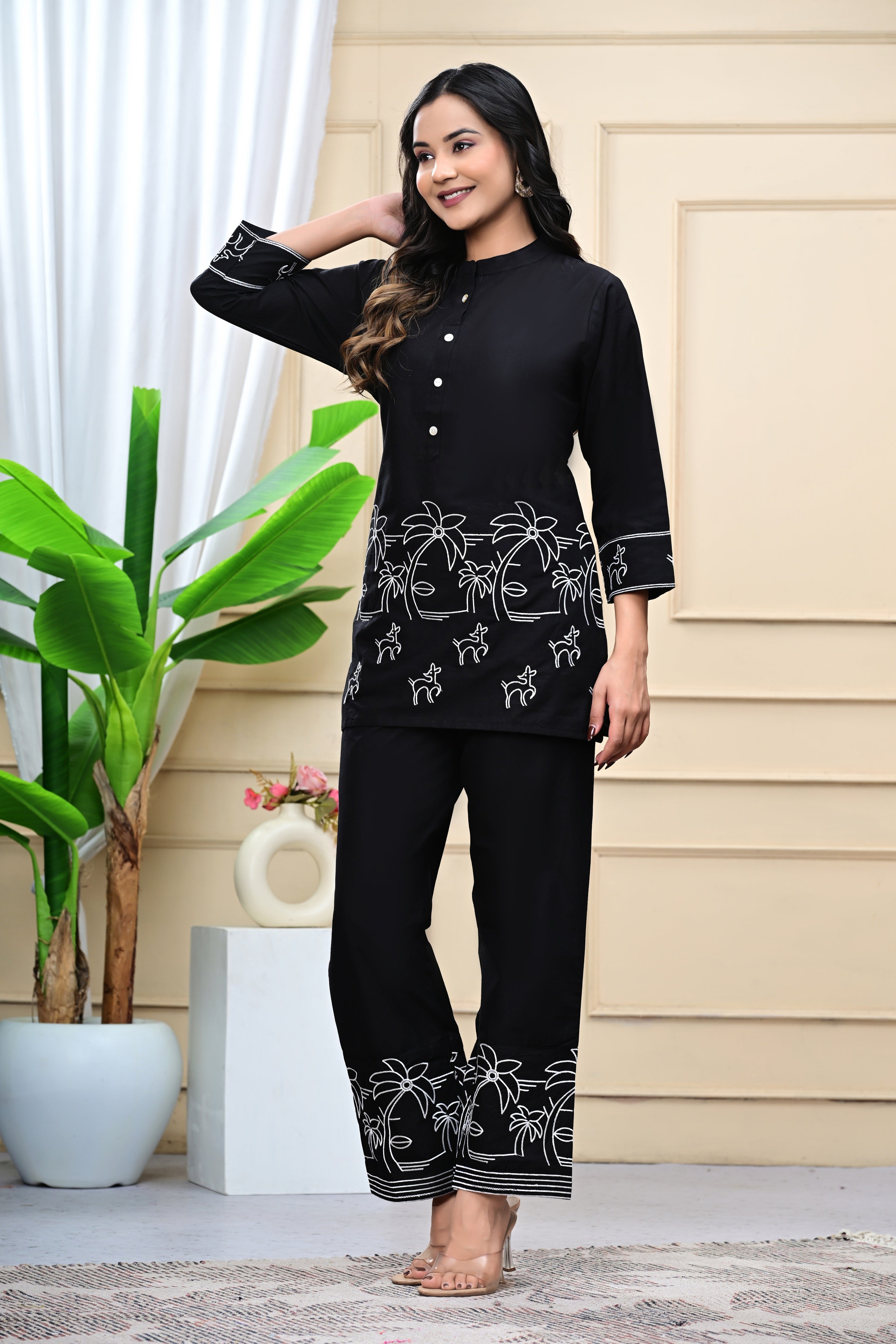Black Embroidered Cotton Co-Ord Set