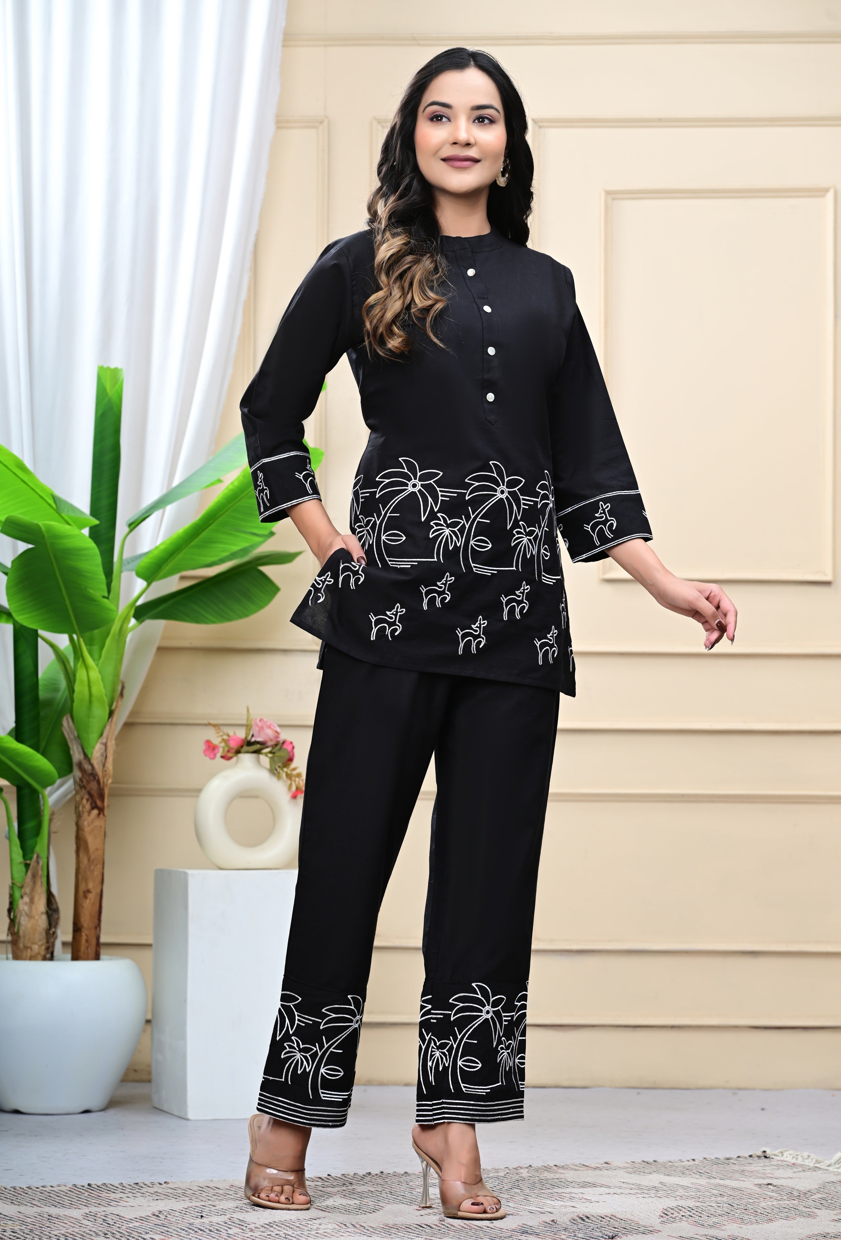 Black Embroidered Cotton Co-Ord Set