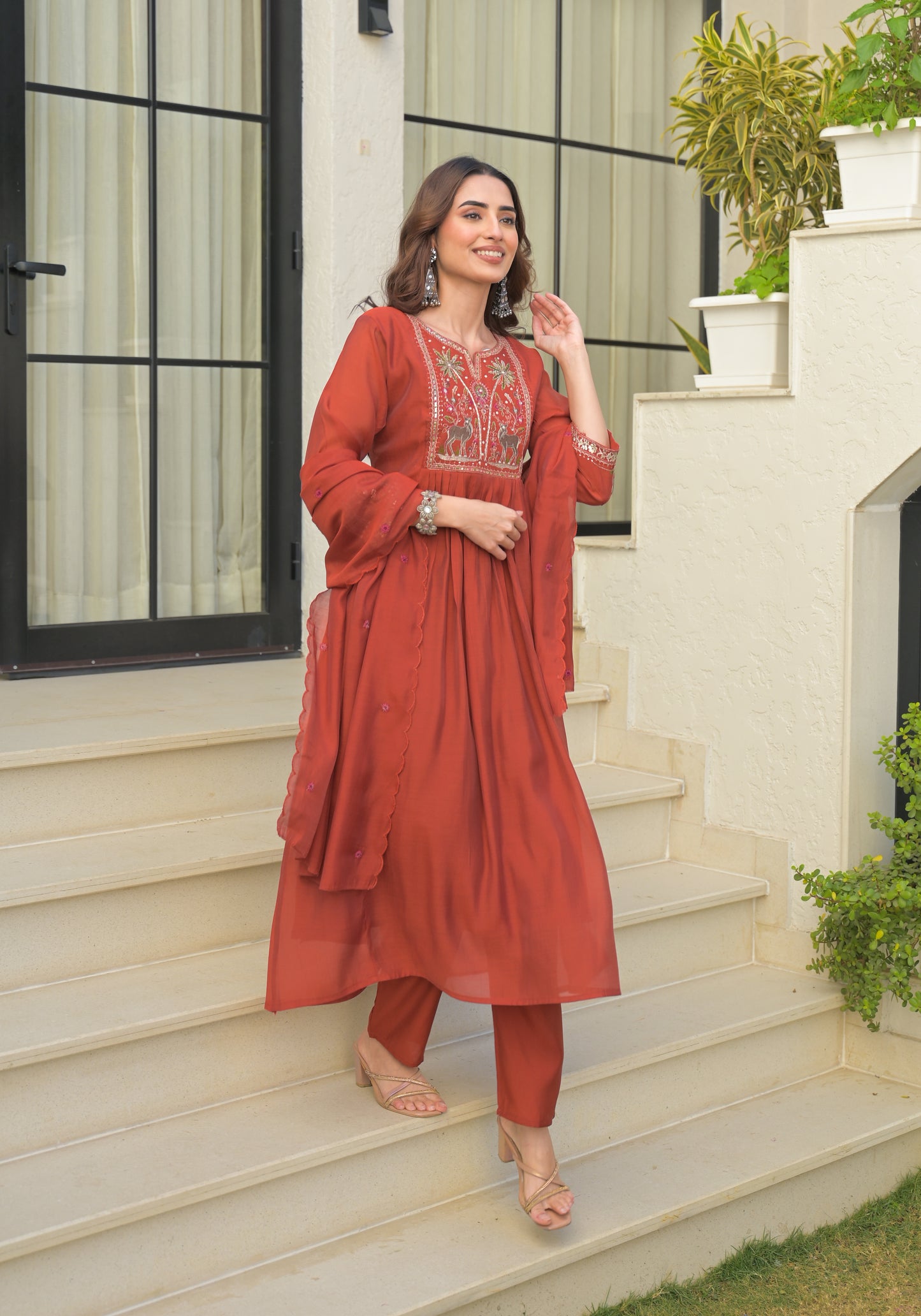 Dusty Red Embroidered Pure Mul Chanderi Suit Set