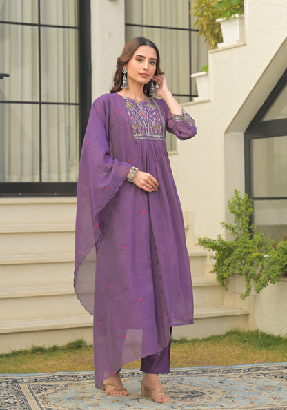 Plum Purple Embroidered Pure Mul Chanderi Suit Set