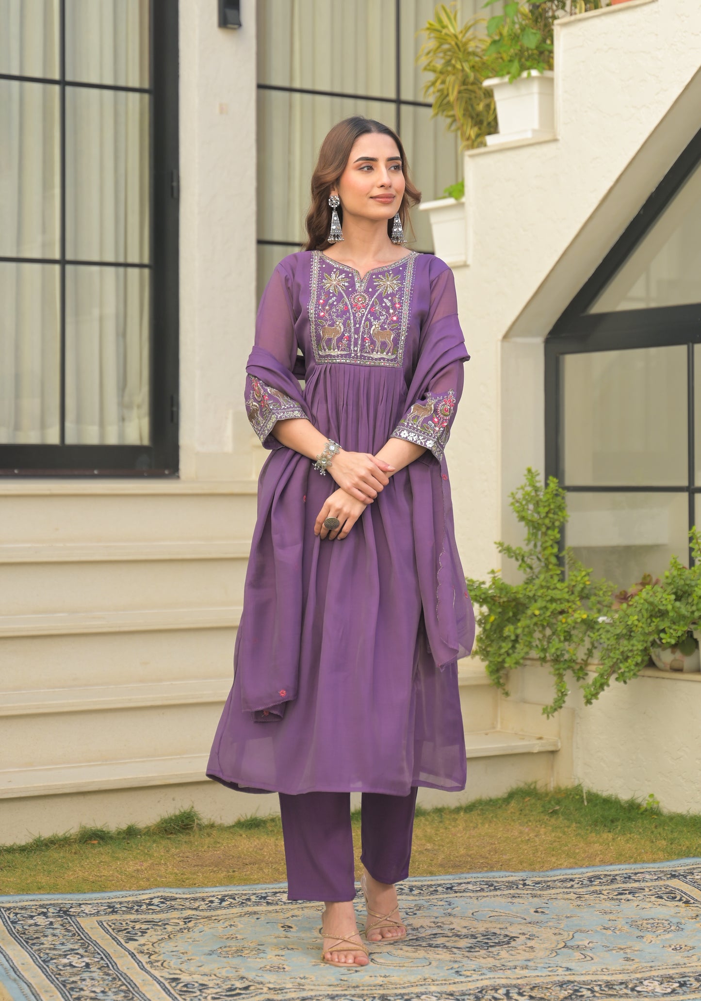 Plum Purple Embroidered Pure Mul Chanderi Suit Set