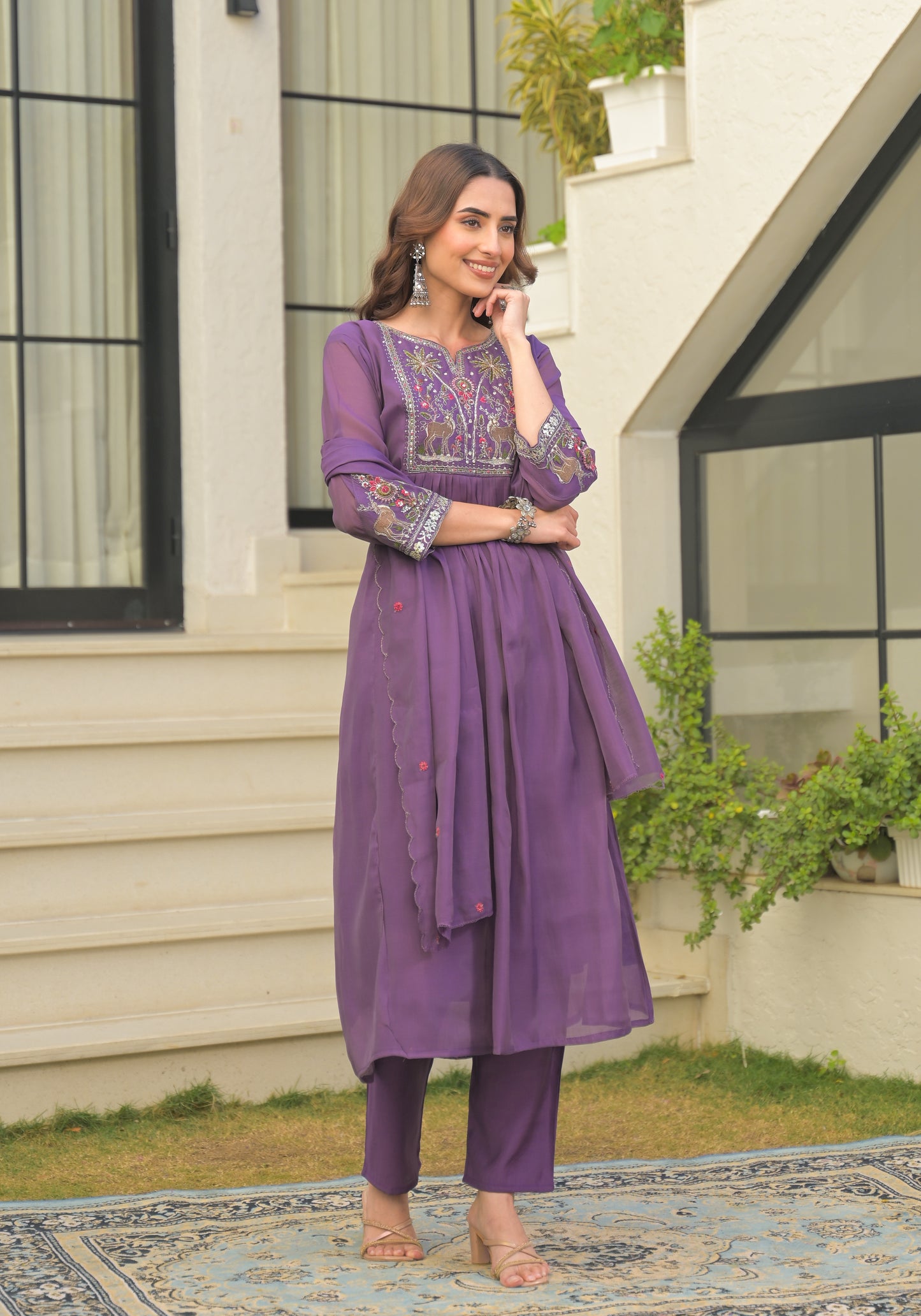 Plum Purple Embroidered Pure Mul Chanderi Suit Set