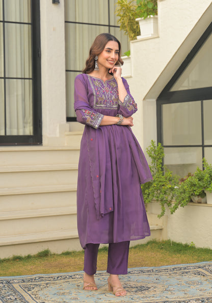 Plum Purple Embroidered Pure Mul Chanderi Suit Set