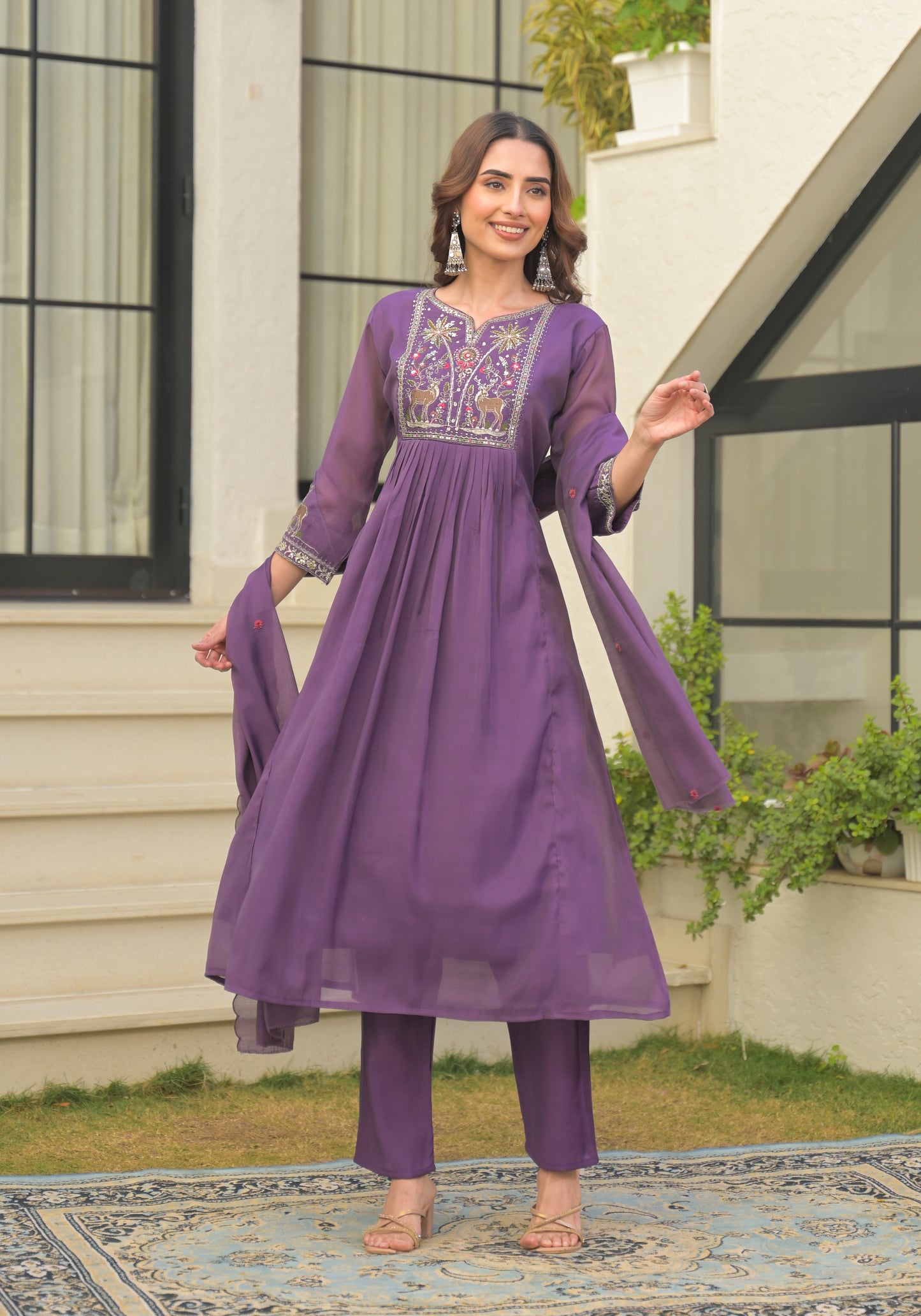 Plum Purple Embroidered Pure Mul Chanderi Suit Set