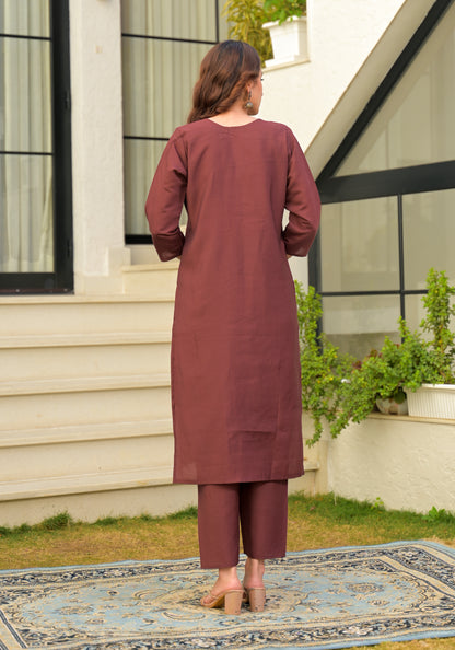 Copper Rose Embroidered Roman Silk Kurta and Pant Set with Dupatta