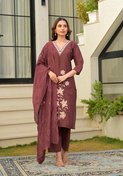 Copper Rose Embroidered Roman Silk Kurta and Pant Set with Dupatta