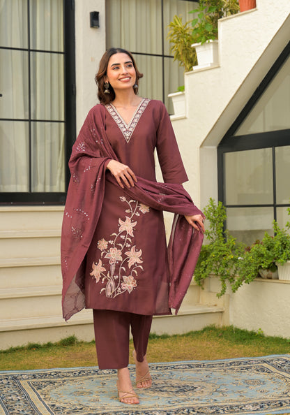 Copper Rose Embroidered Roman Silk Kurta and Pant Set with Dupatta