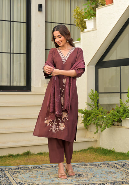 Copper Rose Embroidered Roman Silk Kurta and Pant Set with Dupatta