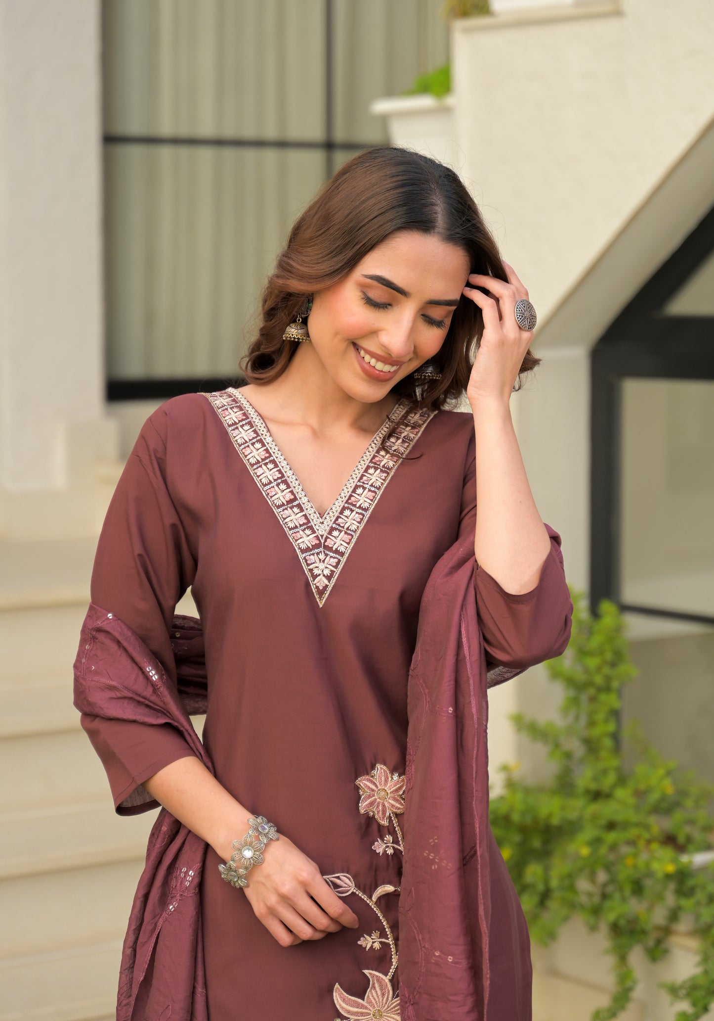 Copper Rose Embroidered Roman Silk Kurta and Pant Set with Dupatta