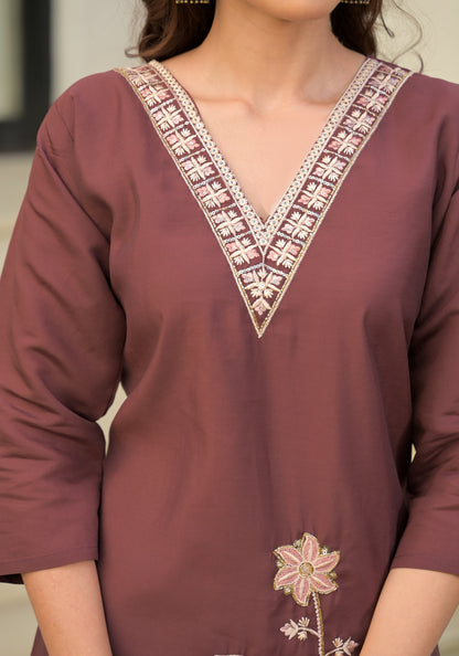 Copper Rose Embroidered Roman Silk Kurta and Pant Set with Dupatta