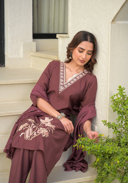 Copper Rose Embroidered Roman Silk Kurta and Pant Set with Dupatta