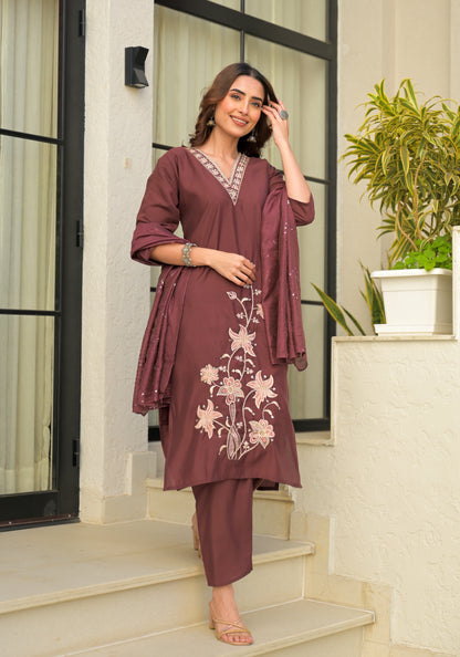 Copper Rose Embroidered Roman Silk Kurta and Pant Set with Dupatta