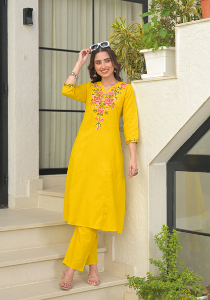 Mustard Embroidered Cotton Flex Kurta and Pant Set