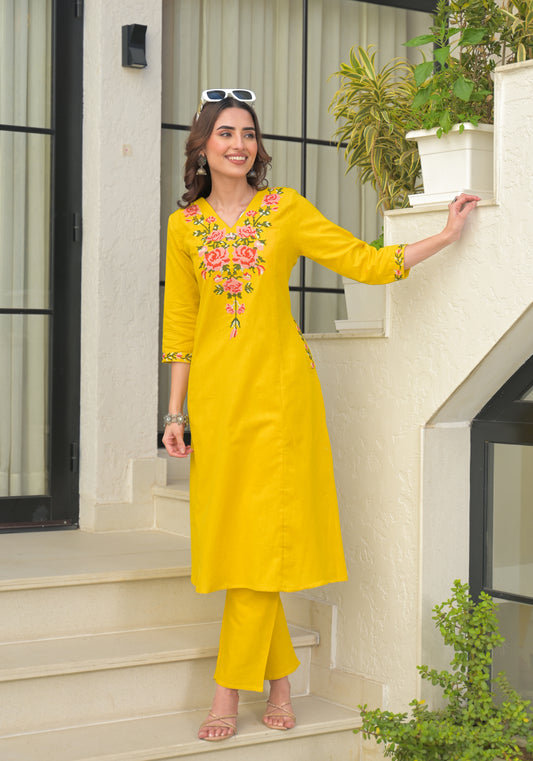 Mustard Embroidered Cotton Flex Kurta and Pant Set