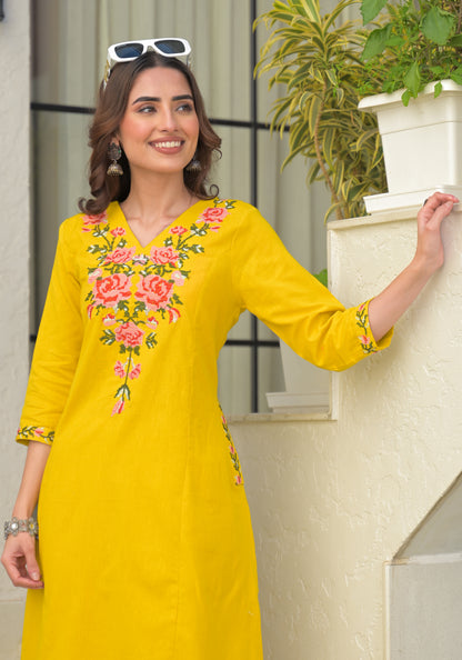 Mustard Embroidered Cotton Flex Kurta and Pant Set