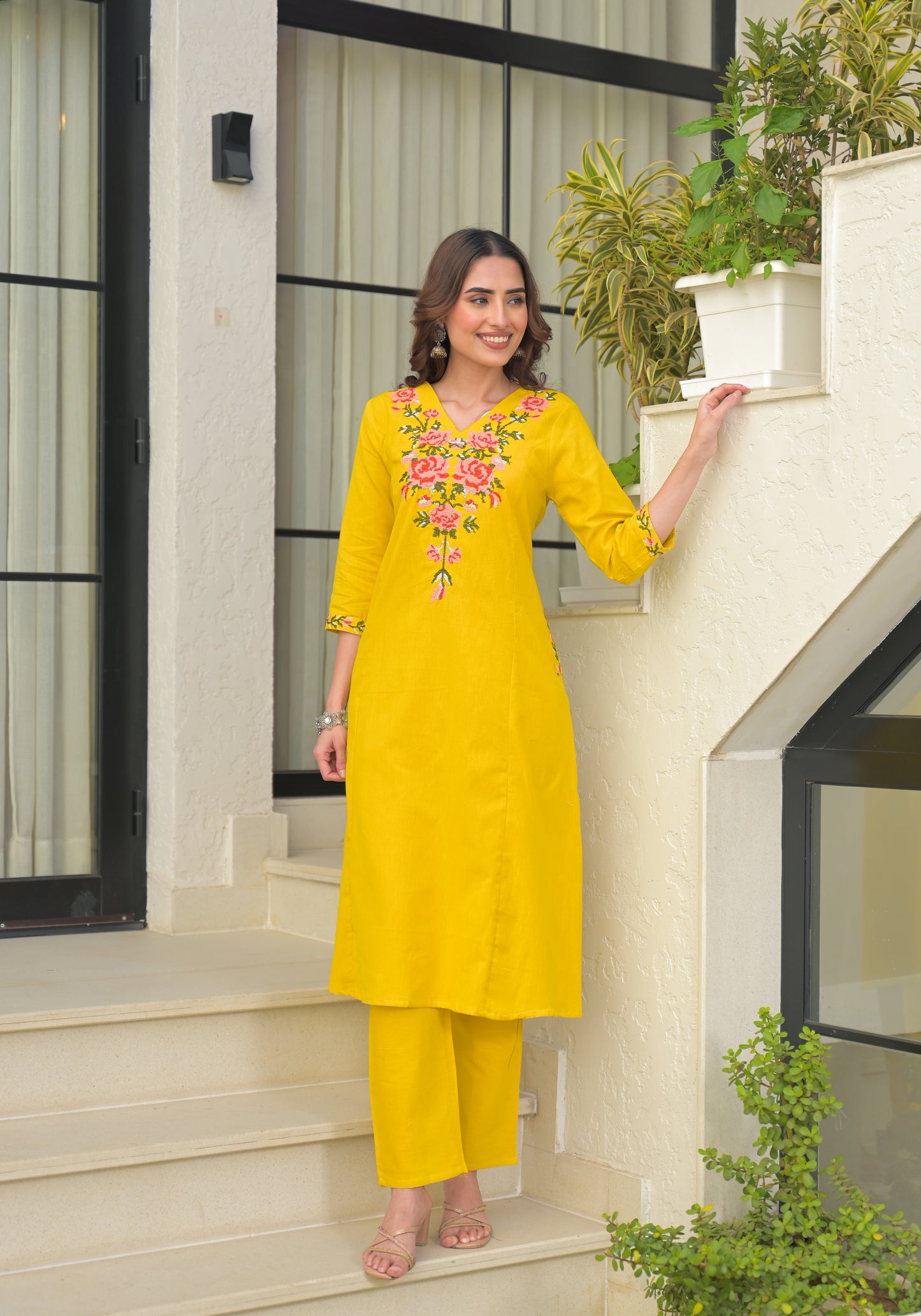 Mustard Embroidered Cotton Flex Kurta and Pant Set