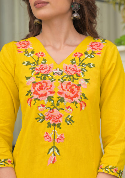 Mustard Embroidered Cotton Flex Kurta and Pant Set