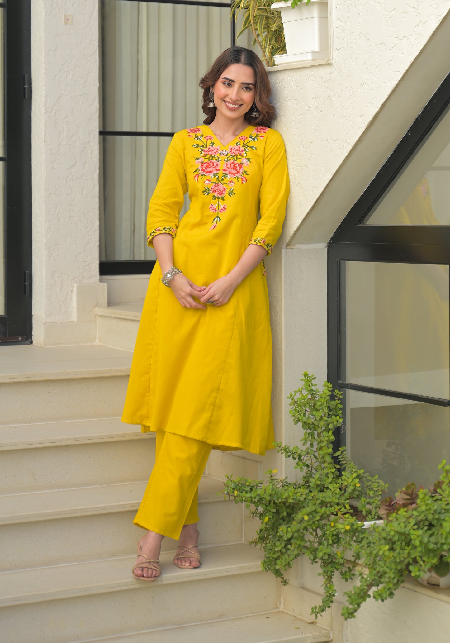 Mustard Embroidered Cotton Flex Kurta and Pant Set