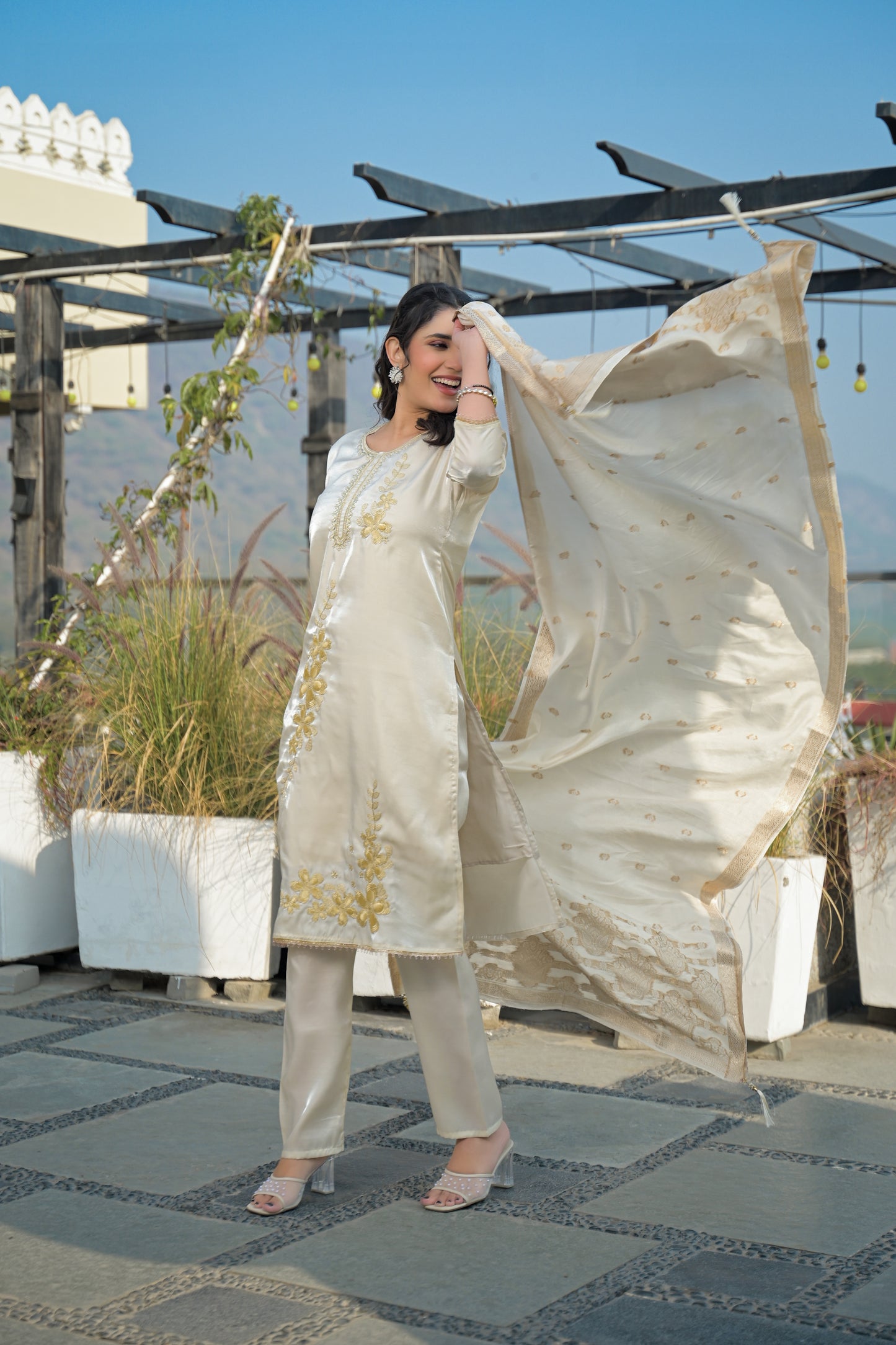 Moon Mist Embroidered Roman Shimmer Suit Set