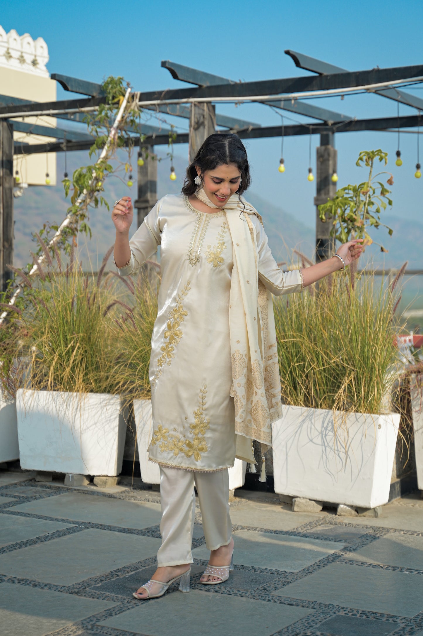 Moon Mist Embroidered Roman Shimmer Suit Set