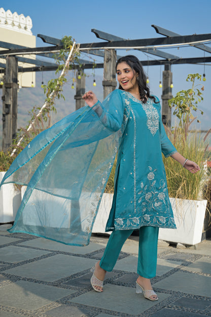 Eastern Blue Embroidered Roman Silk Suit Set