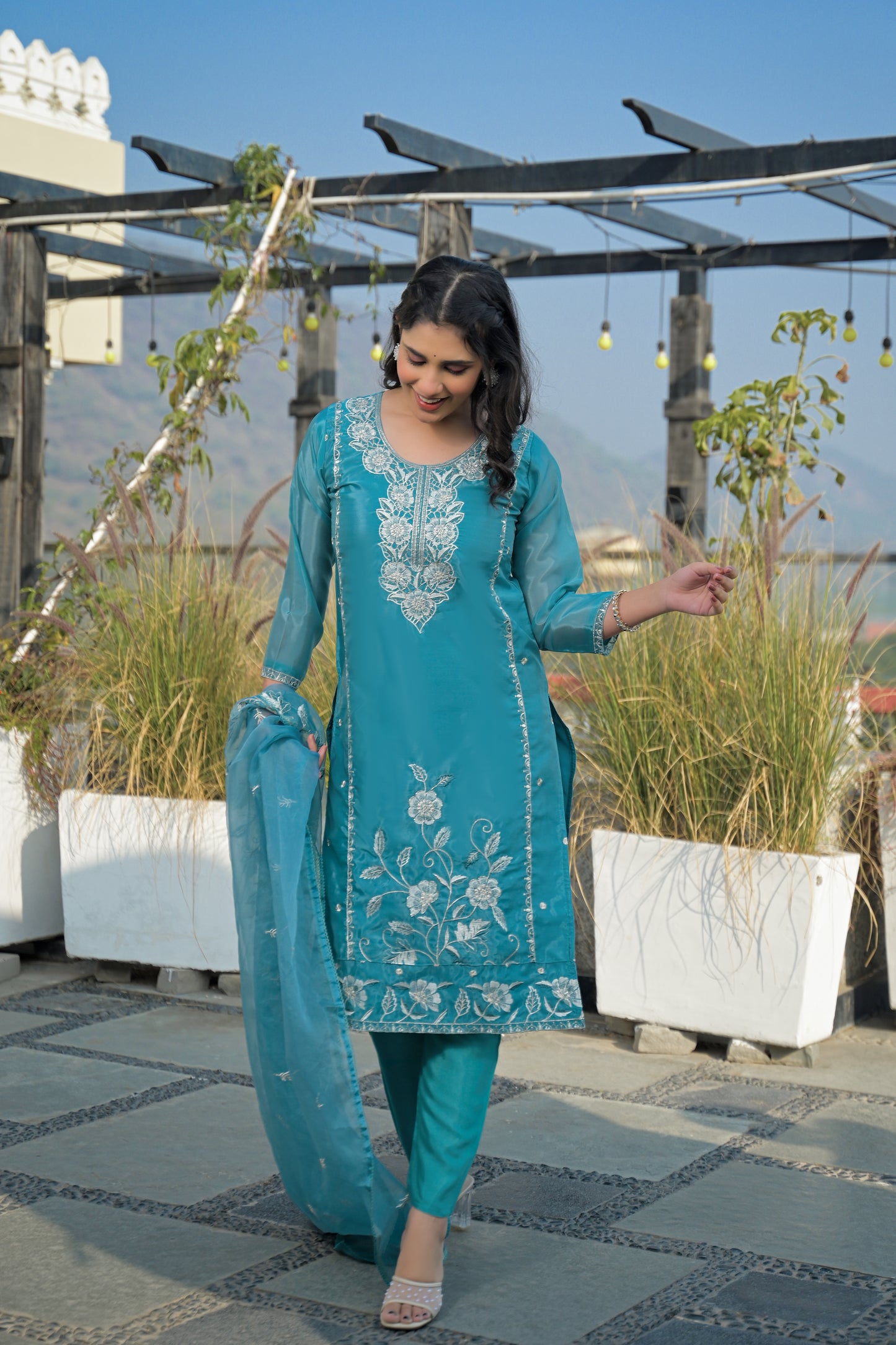 Eastern Blue Embroidered Roman Silk Suit Set