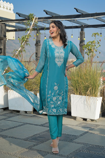 Eastern Blue Embroidered Roman Silk Suit Set