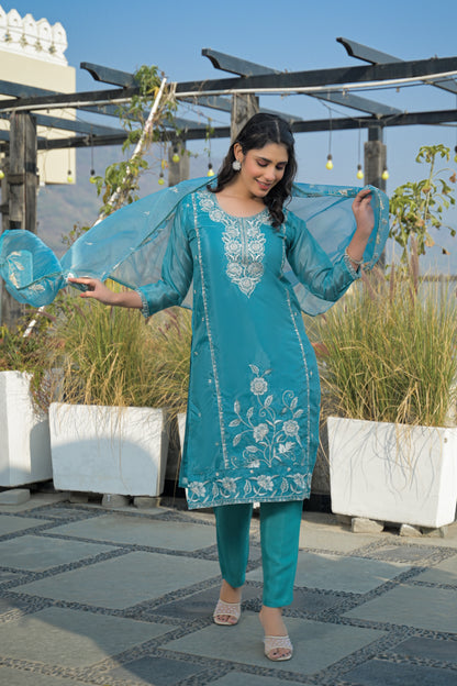 Eastern Blue Embroidered Roman Silk Suit Set
