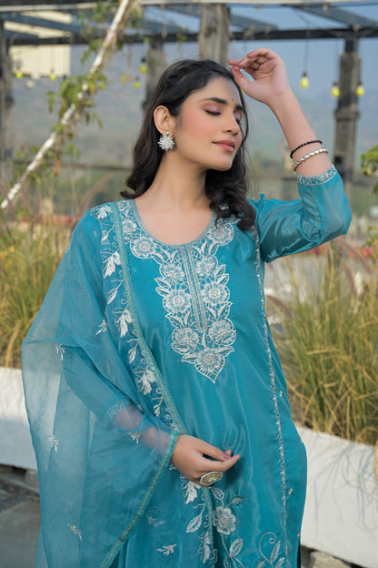 Eastern Blue Embroidered Roman Silk Suit Set