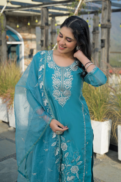 Eastern Blue Embroidered Roman Silk Suit Set
