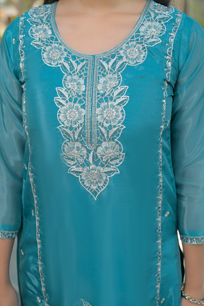 Eastern Blue Embroidered Roman Silk Suit Set