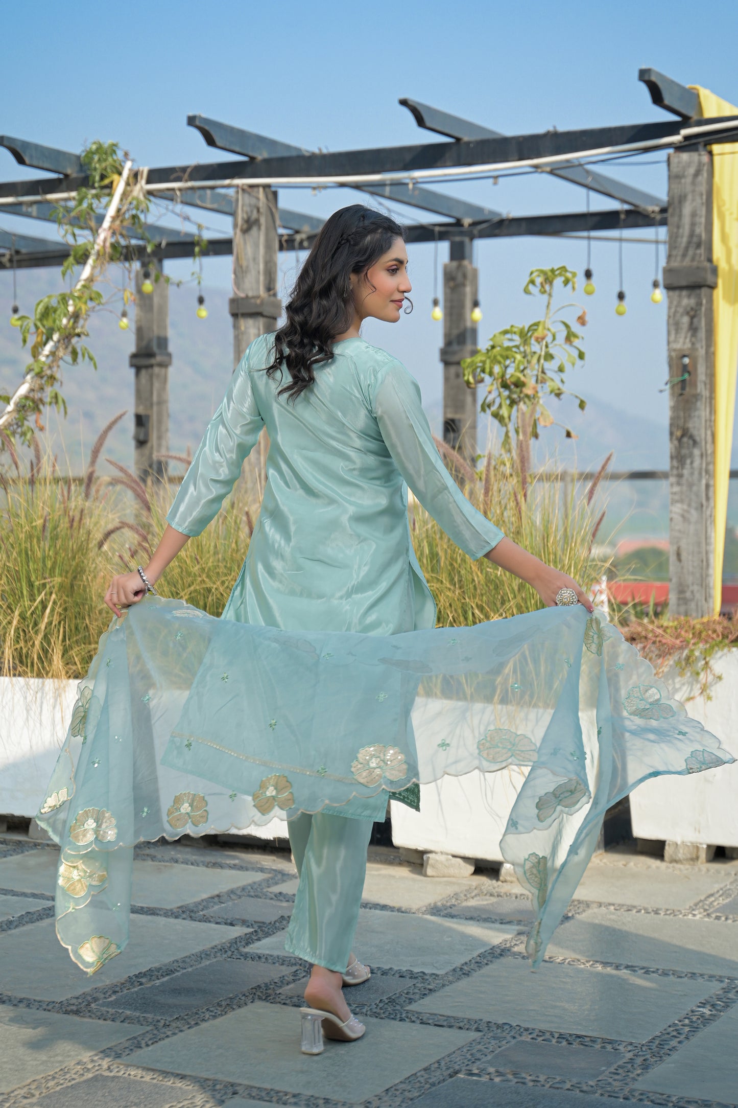 Shadow Green Embroidered Roman Shimmer Suit Set