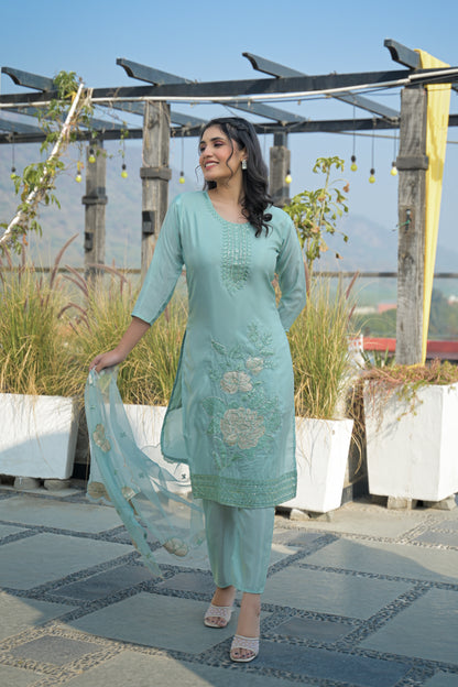 Shadow Green Embroidered Roman Shimmer Suit Set