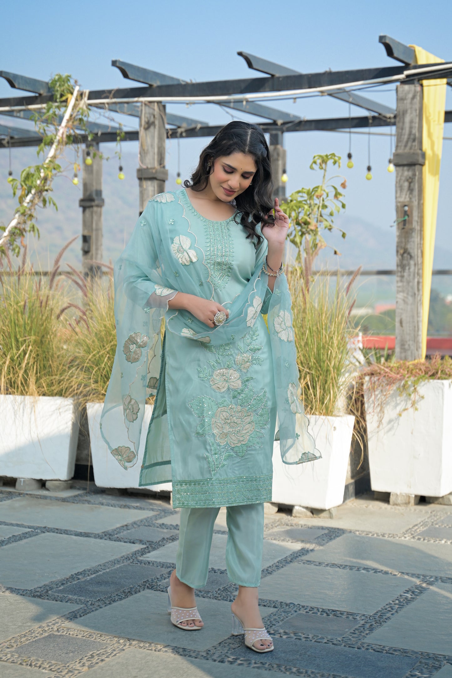 Shadow Green Embroidered Roman Shimmer Suit Set