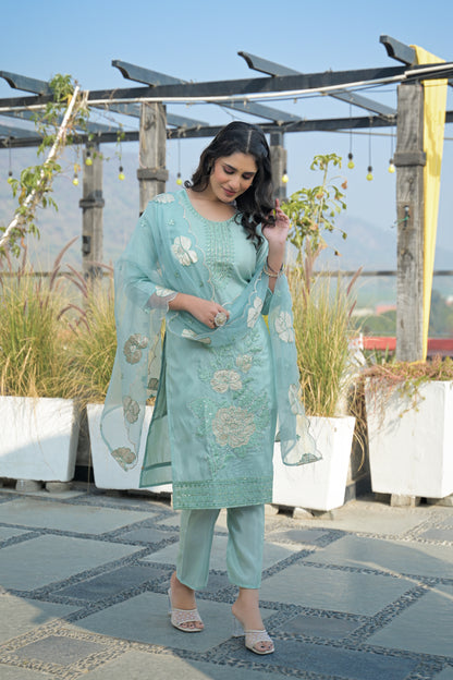 Shadow Green Embroidered Roman Shimmer Suit Set