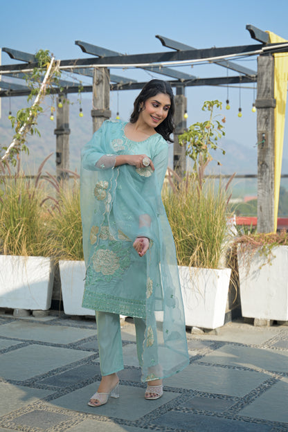 Shadow Green Embroidered Roman Shimmer Suit Set