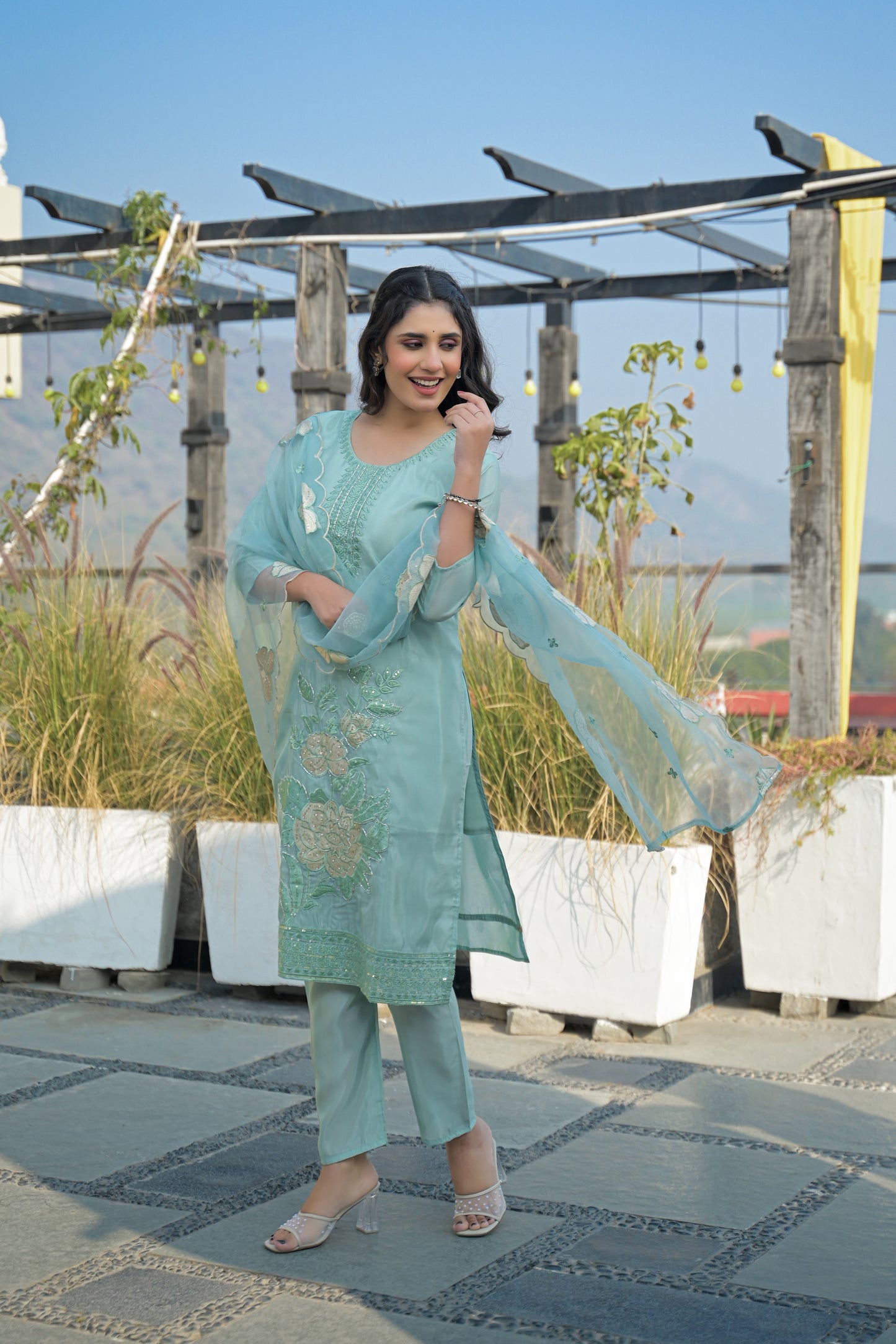 Shadow Green Embroidered Roman Shimmer Suit Set