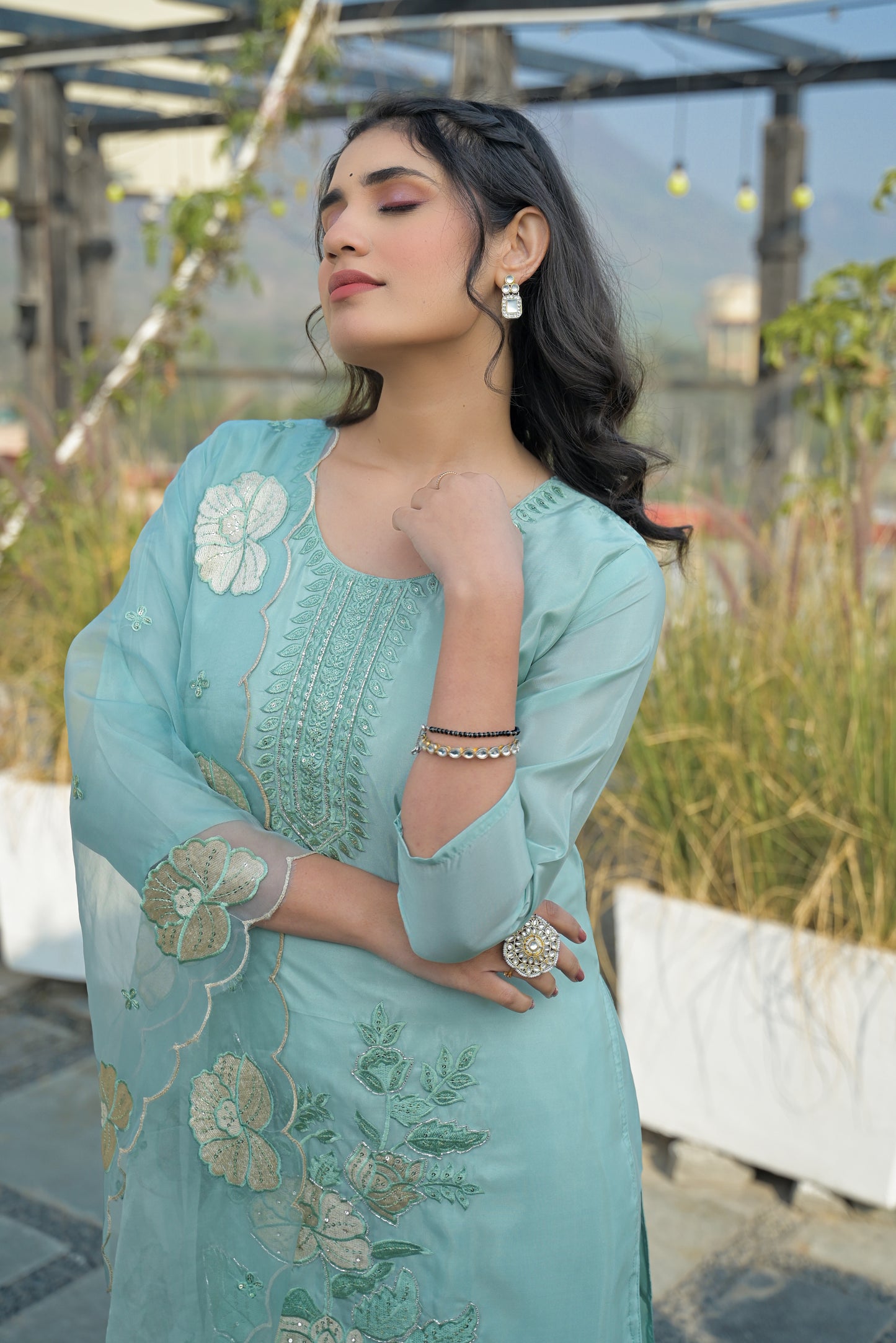 Shadow Green Embroidered Roman Shimmer Suit Set