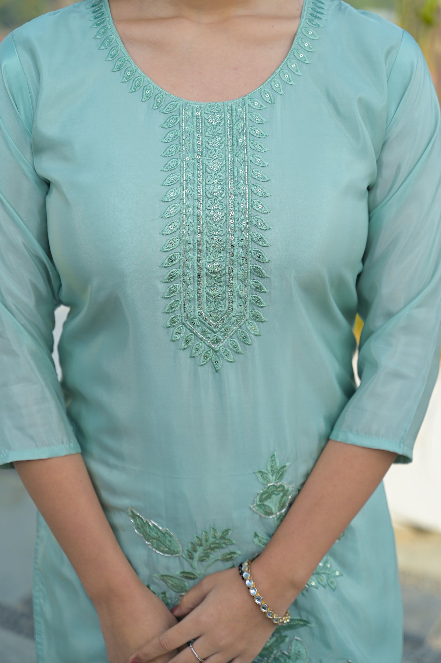 Shadow Green Embroidered Roman Shimmer Suit Set