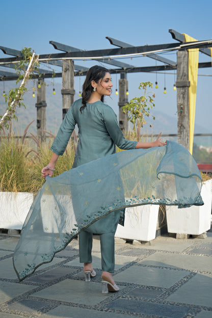 Bluish Grey Embroidered Roman Silk Suit Set