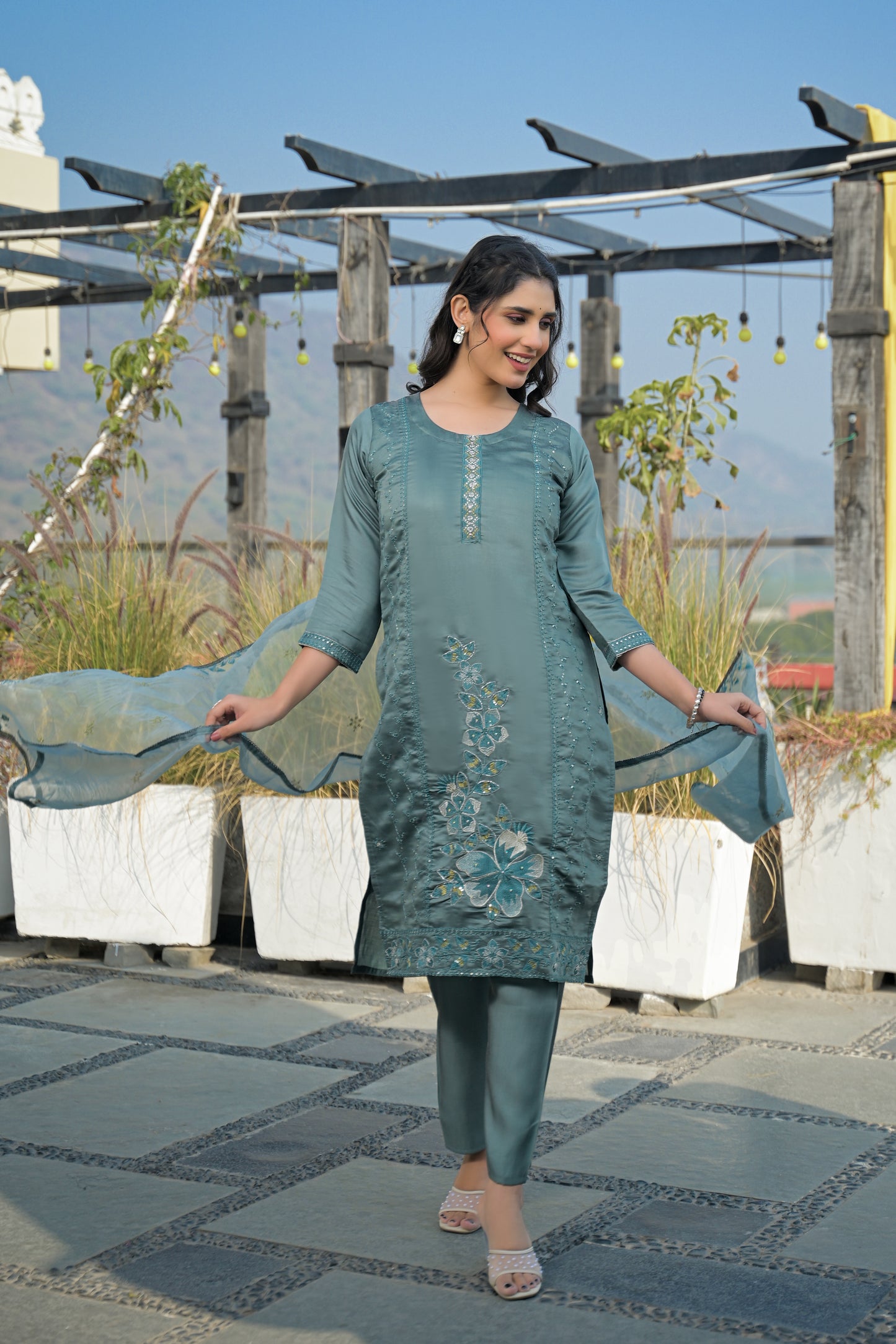 Bluish Grey Embroidered Roman Silk Suit Set