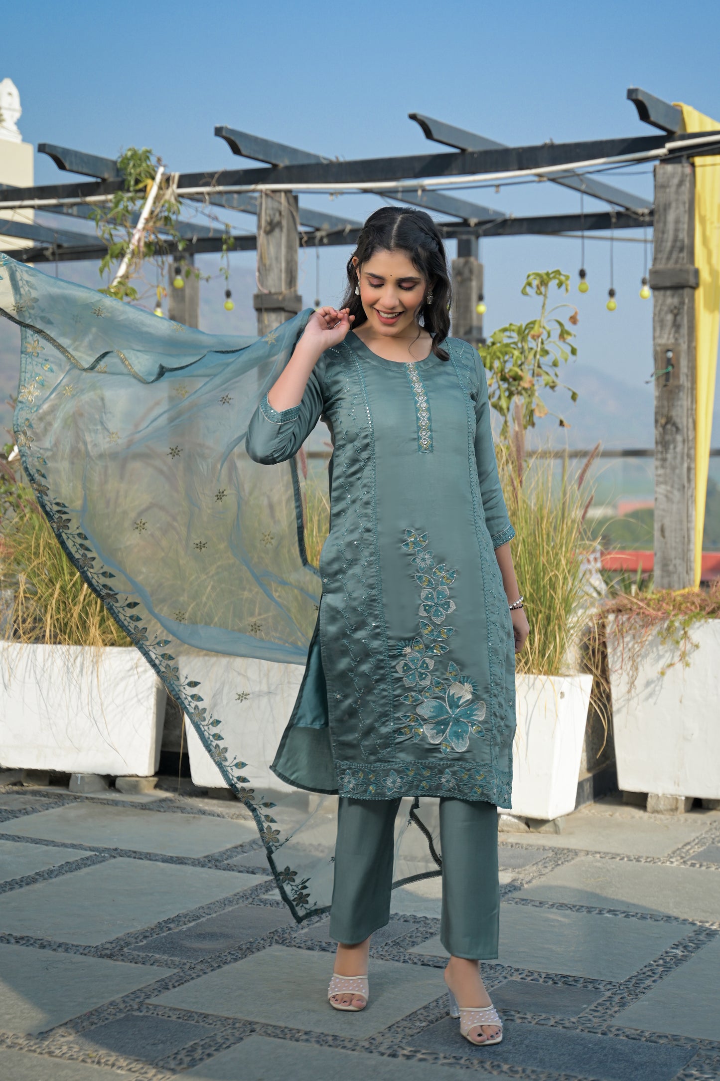 Bluish Grey Embroidered Roman Silk Suit Set