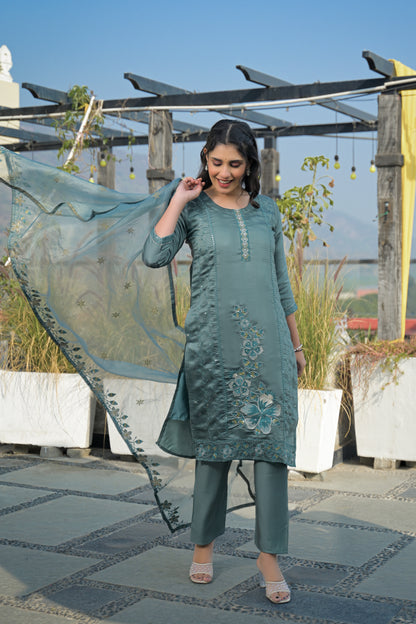 Bluish Grey Embroidered Roman Silk Suit Set