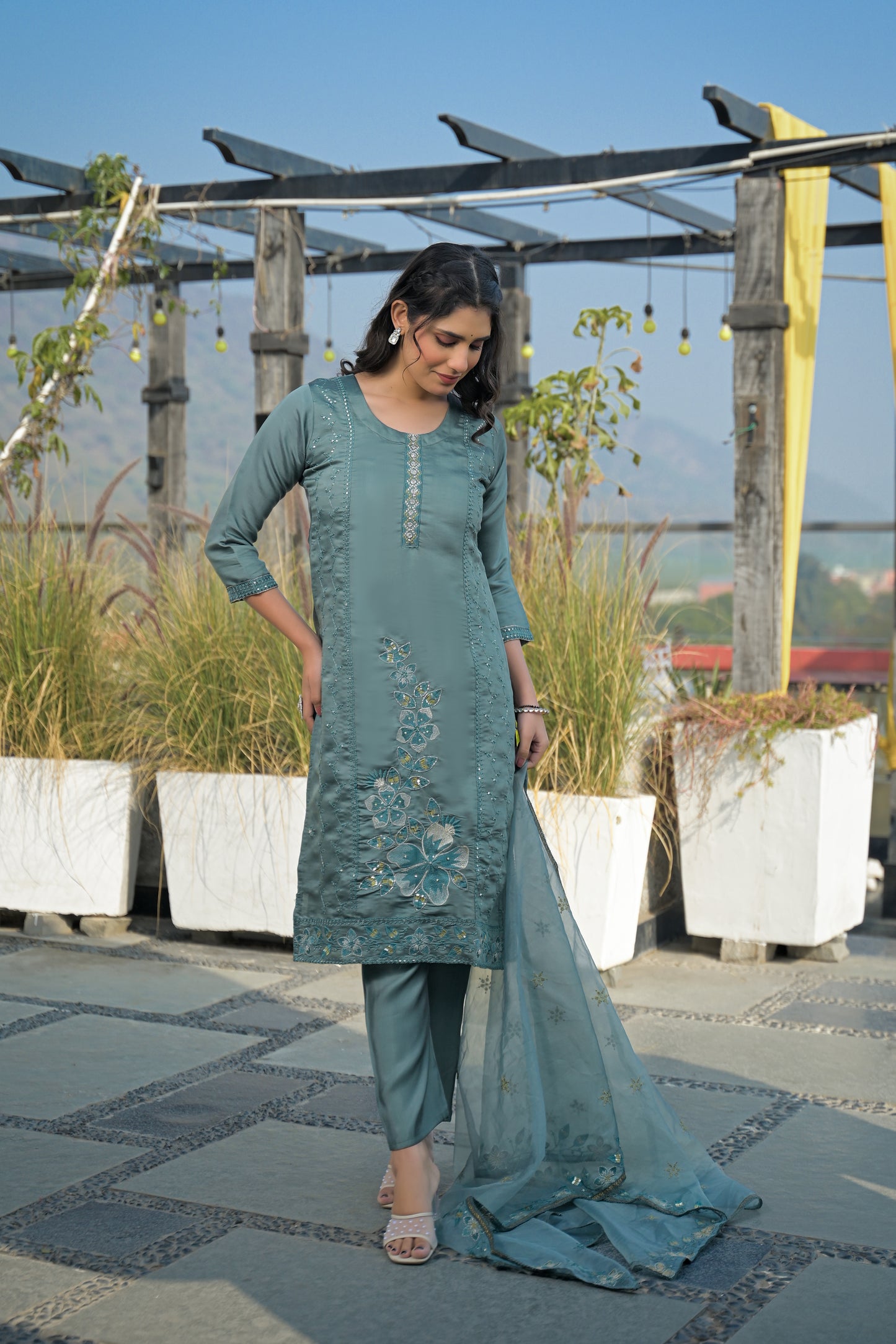Bluish Grey Embroidered Roman Silk Suit Set